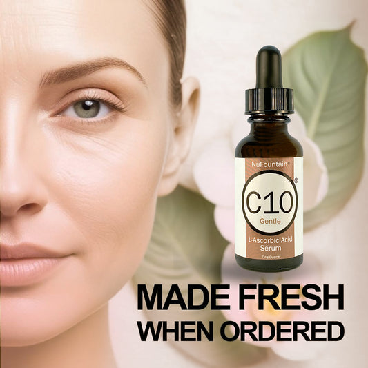 NuFountain C10 gentle 10% L-ascorbic acid vitamin C serum for sensitive skin, 1 fl oz amber glass bottle