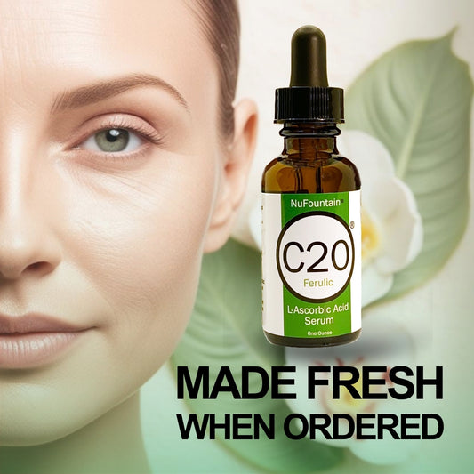 NuFountain C20 Ferulic 20% vitamin C serum with ferulic and hyaluronic acid, 1 fl oz amber glass bottle