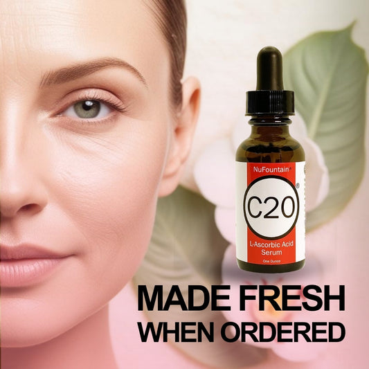NuFountain C20 Original pure 20% L-ascorbic acid vitamin C serum in a 1 fl oz amber glass bottle