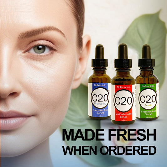 NuFountain C20 Super Pack — Original, Ferulic and Brightening vitamin C serums, three amber glass bottles